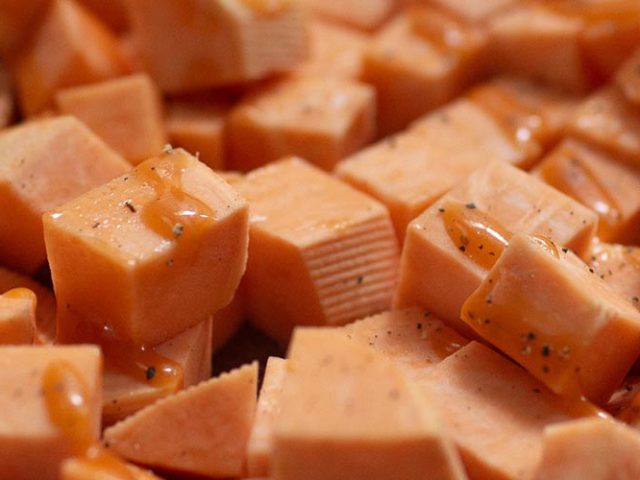 Cubed Sweet Potatoes with Dorothy Lynch drizzle