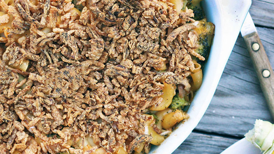 Chicken Broccoli Hotdish in a white casserole dish