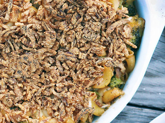 Chicken Broccoli Hotdish in a white casserole dish