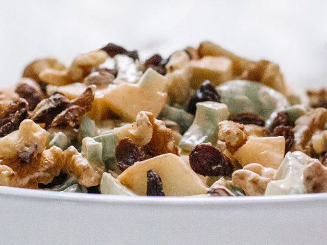 Fruit and nut salad generally made of celery, fresh apples, walnuts, and grapes, dressed in mayonnaise and with Dorothy Lynch