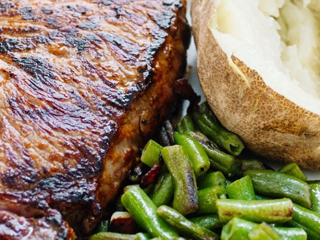 Dorothy Lynch Spicy Steak Sauce Recipe with green beans and a baked potato