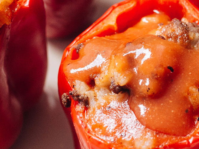 Stuffed Red Bell Pepper with Dorothy Lynch on top