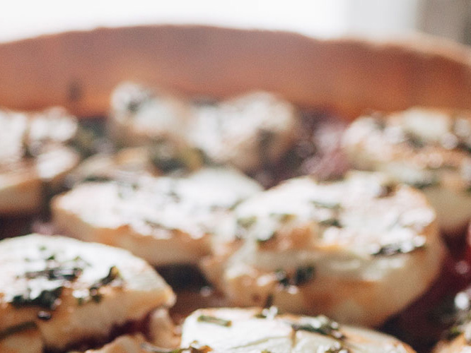 Dorothy Lynch Goat Cheese and Tomato Tarts, in a pan, out of focus