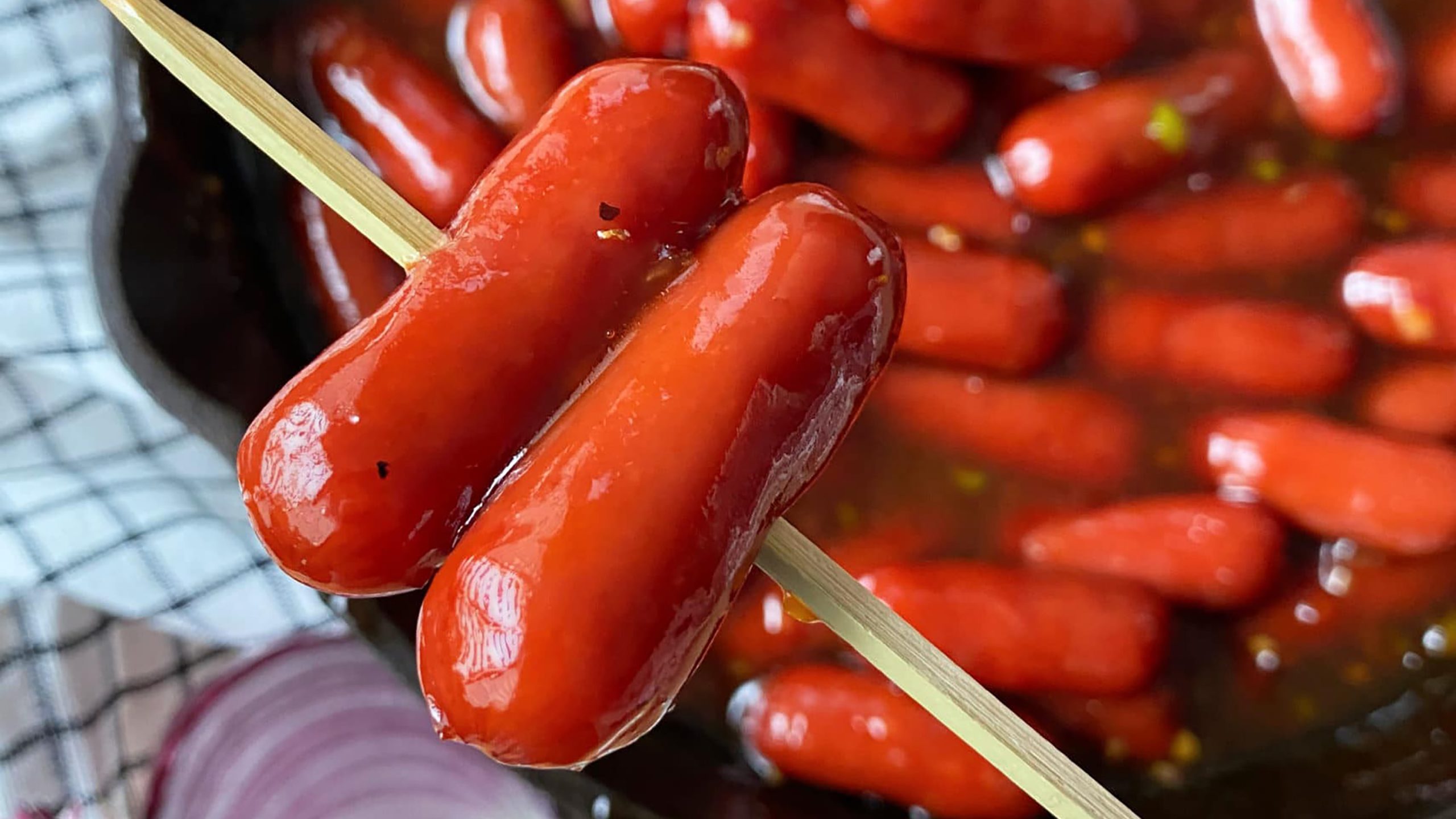 Dorothy Lynch Dressing BBQ Little Smokies on a toothpick