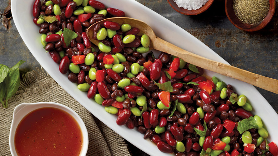Dorothy Lynch Light and Lean Tri-colored Bean Salad Recipe in a white dish