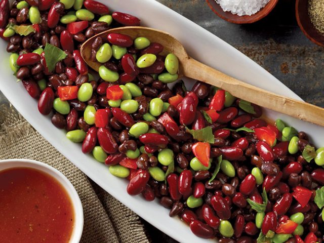 Dorothy Lynch Light and Lean Tri-colored Bean Salad Recipe in a white dish