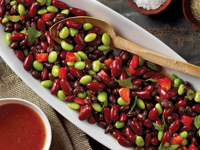 Dorothy Lynch Light and Lean Tri-colored Bean Salad Recipe in a white dish