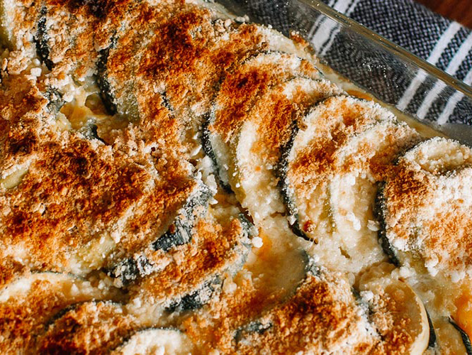 Dorothy Lynch Squash Casserole Recipe in a clear pan