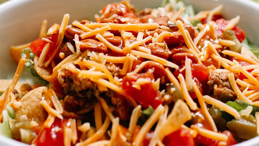 Close-up of Dorothy’s Taco Salad Recipe in a white bowl