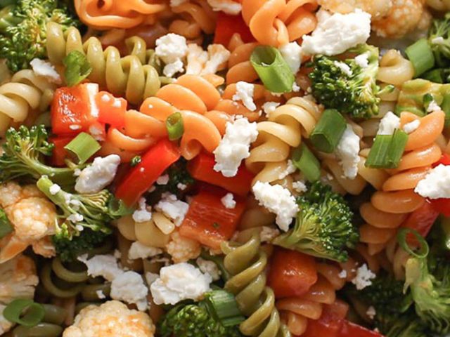 Garden Fresh Salad with Dorothy Lynch Dressing Recipe with tri colored spiral pasta, crumbly white cheese, peppers, broccoli, etc
