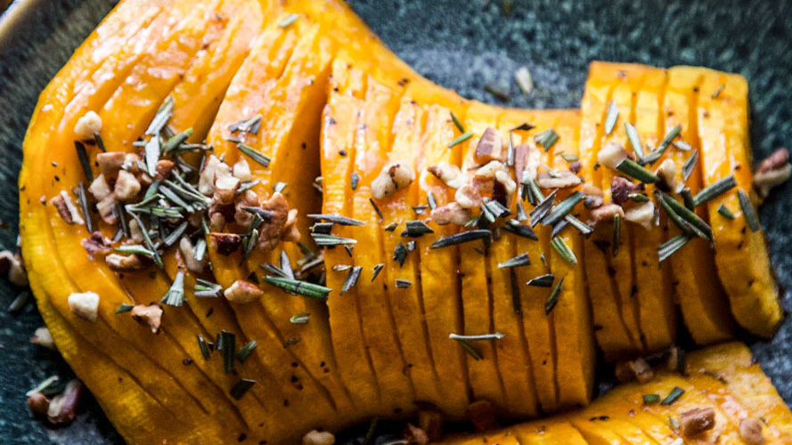 Sliced Hassleback Butternut Squash with Dorothy Lynch glaze and some herbs sprinkled on top