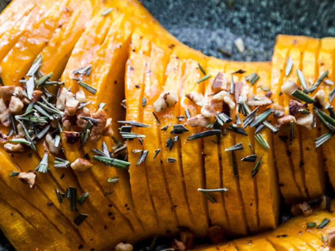 Sliced Hassleback Butternut Squash with Dorothy Lynch glaze and some herbs sprinkled on top