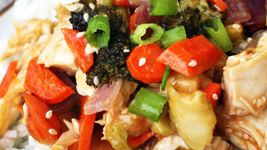 Close-up photo of Sheet Pan Orange Chicken with Veggies and Dorothy Lynch Dressing Recipe