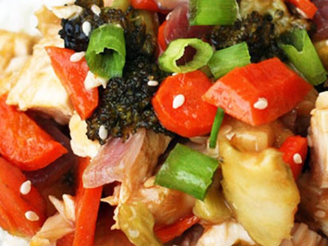 Close-up photo of Sheet Pan Orange Chicken with Veggies and Dorothy Lynch Dressing Recipe