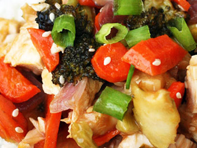 Close-up photo of Sheet Pan Orange Chicken with Veggies and Dorothy Lynch Dressing Recipe